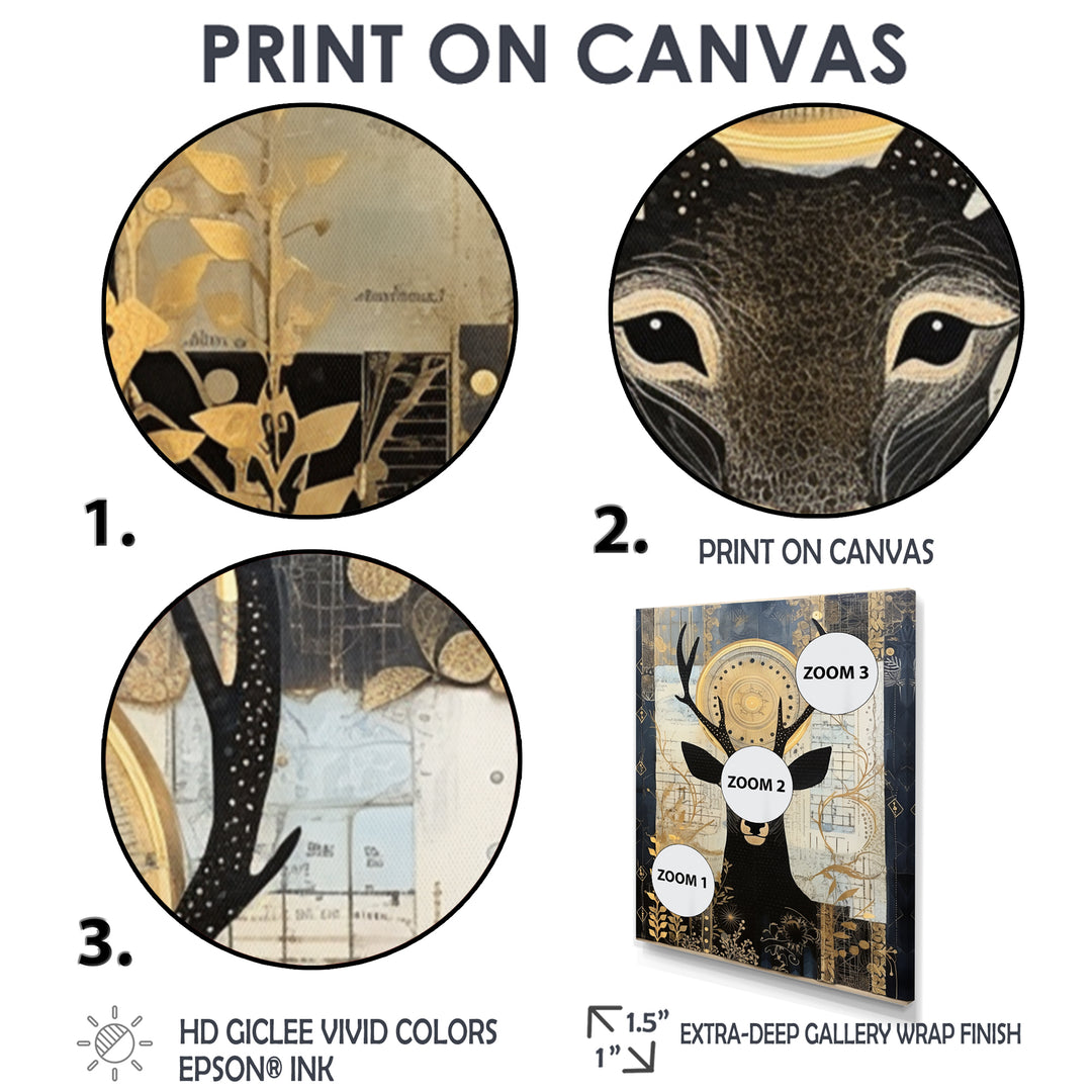 Deer Collage Botanical Gold - Deer Landscape Living Room Wall Art