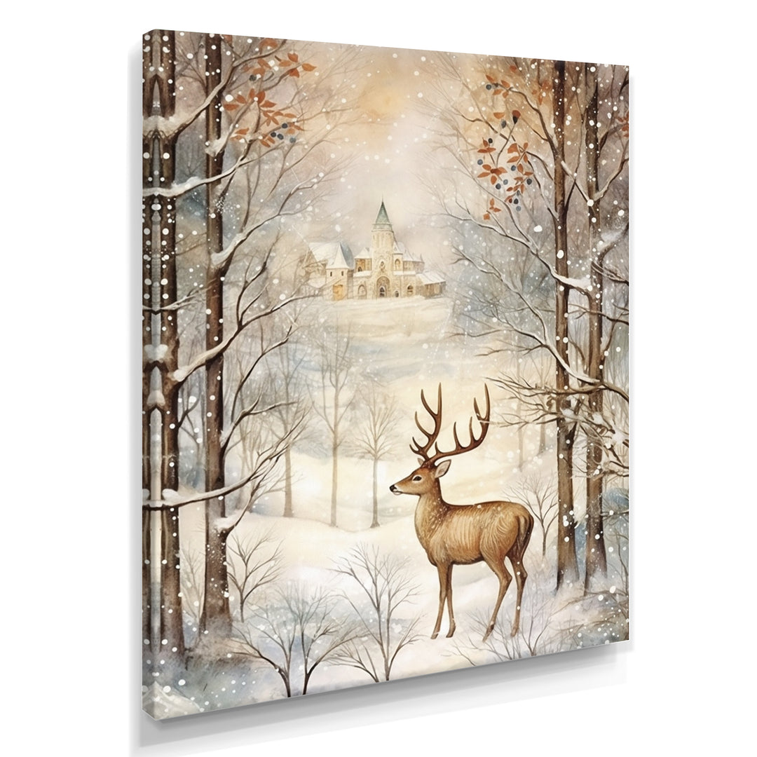 Christmas Deer In Winter Town Forest - Deer Landscape Bedroom Wall Art