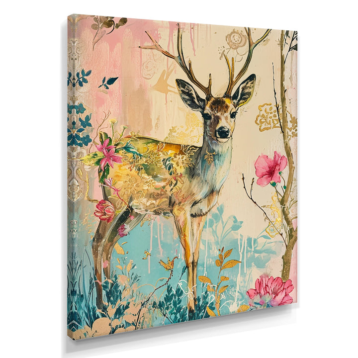 Vintage Boho Deer Flower Forest - Deer Canvas Wall Art