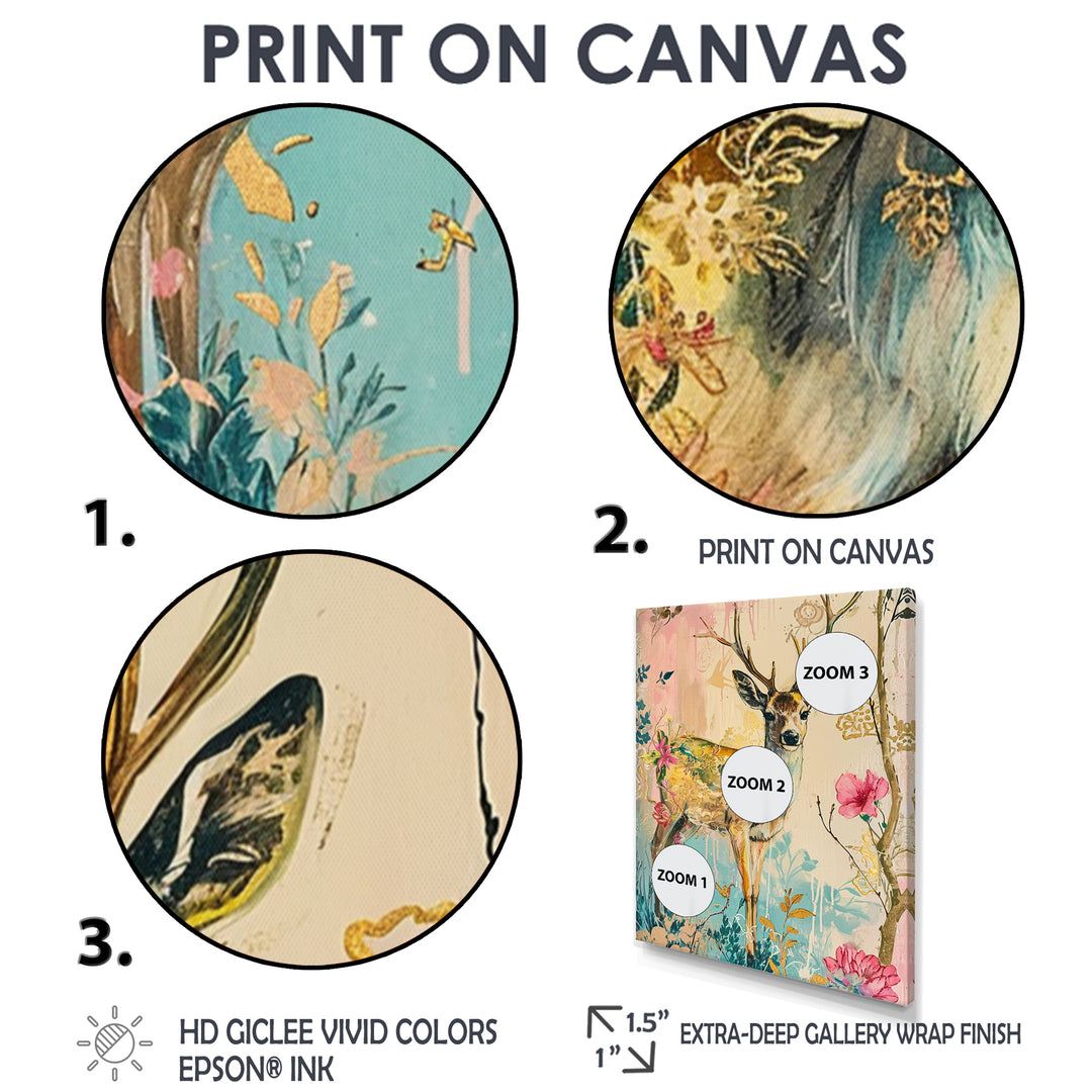 Vintage Boho Deer Flower Forest - Deer Canvas Wall Art