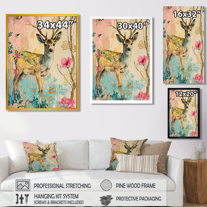 Vintage Boho Deer Flower Forest - Deer Canvas Wall Art
