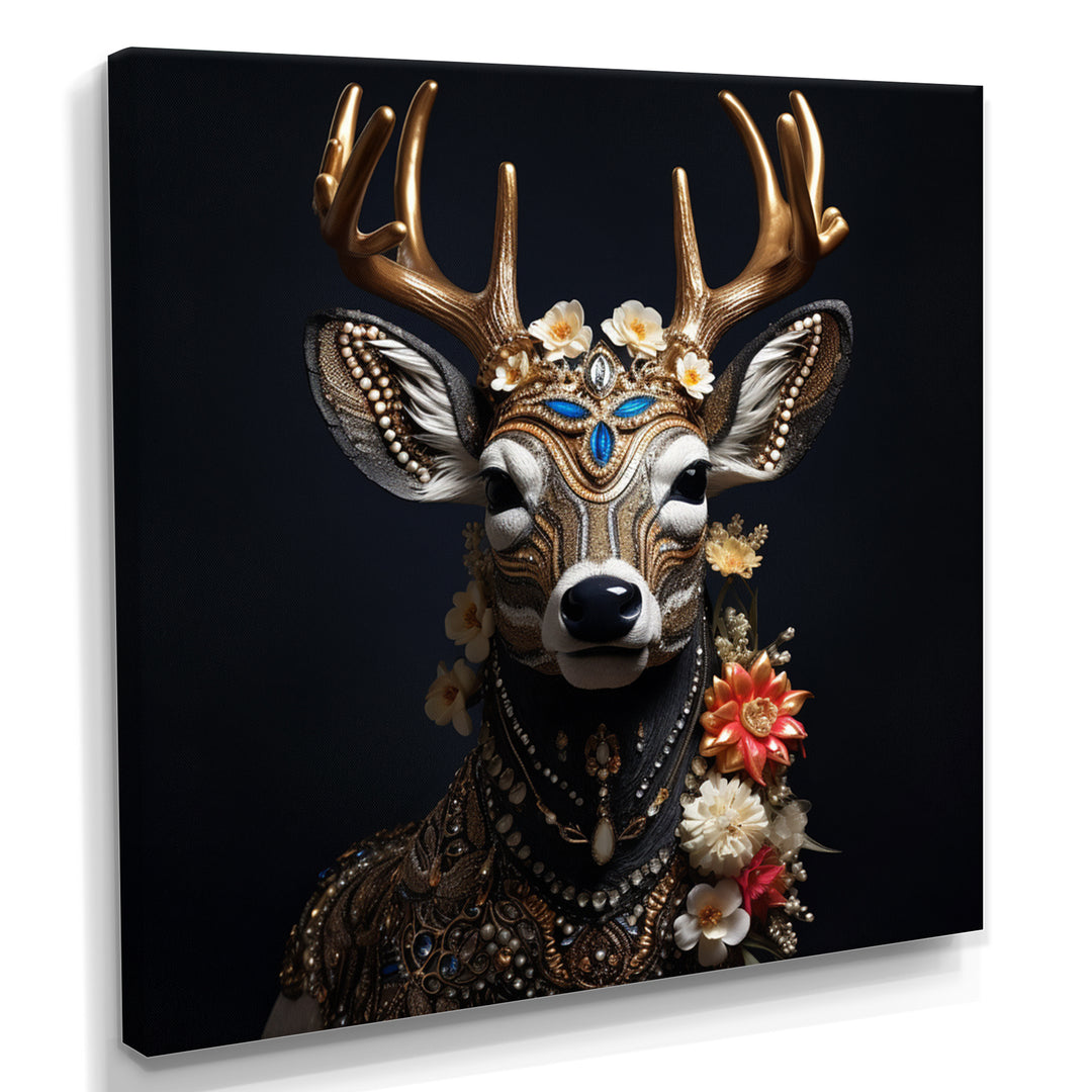 Glamorous Boho Deer With Flowers - Deer Wall Decor