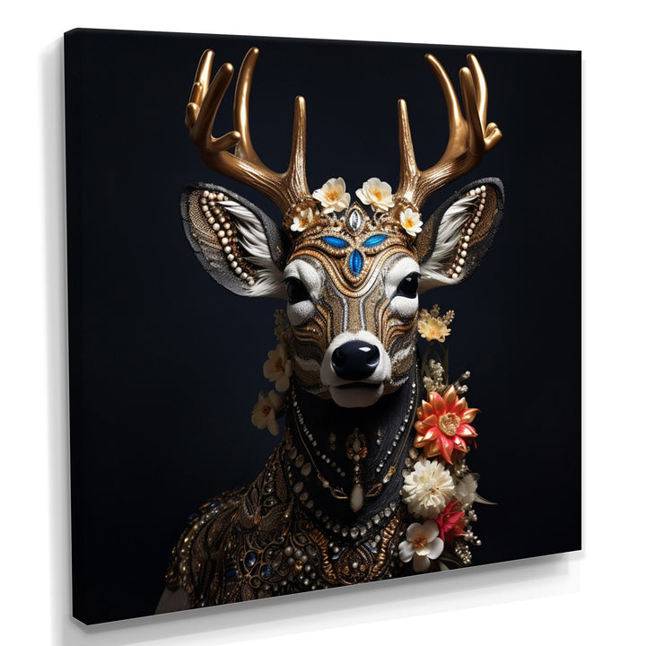 Glamorous Boho Deer With Flowers - Deer Wall Decor