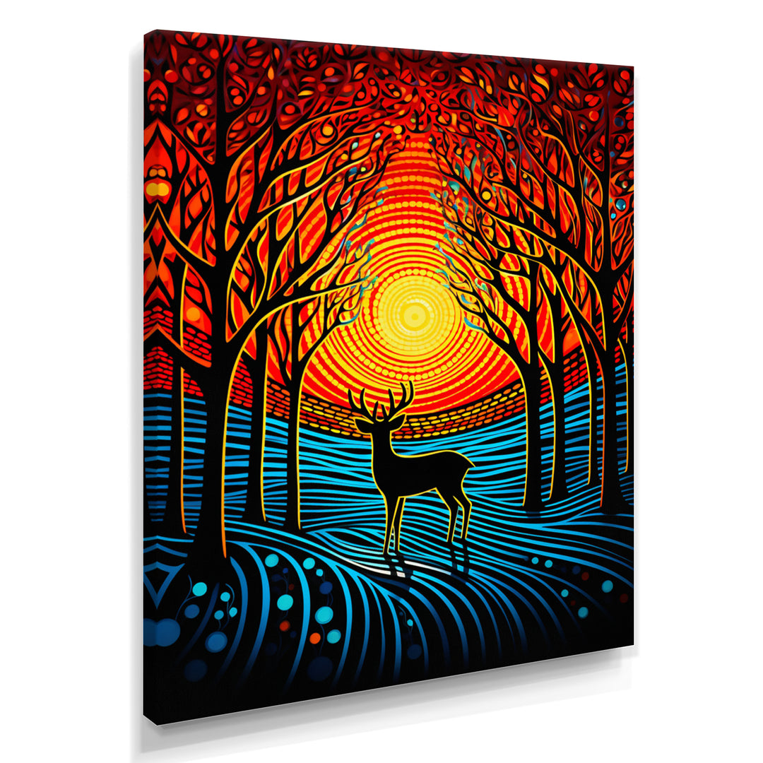 Christmas Deer In Winter Forest Sunset - Blue Deer Landscape Wall Art