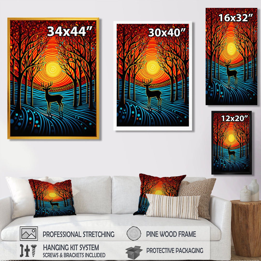 Christmas Deer In Winter Forest Sunset - Blue Deer Landscape Wall Art