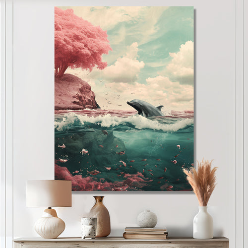 Dolphin In The Ocean By The Cherry Blossom Tree - Dolphin Framed Canvas Art