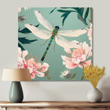 Retro Illustration Of Dragonfly Green Pink - Dragonfly Canvas Wall Art