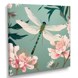Retro Illustration Of Dragonfly Green Pink - Dragonfly Canvas Wall Art