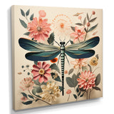 Vintage Illustration Of Dragonfly Green Pink - Dragonfly Canvas Wall Art