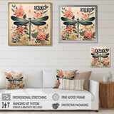 Vintage Illustration Of Dragonfly Green Pink - Dragonfly Canvas Wall Art
