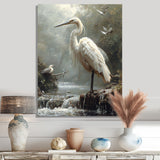 White Heron Looking For River Pray - Heron Framed Canvas Art