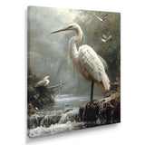White Heron Looking For River Pray - Heron Framed Canvas Art