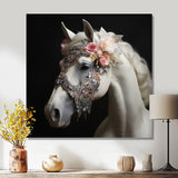 Glamorous White Horse With Pink Flowers - Horse Canvas Wall Art