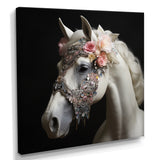 Glamorous White Horse With Pink Flowers - Horse Canvas Wall Art