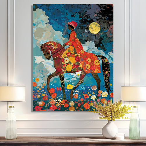 Lady Riding Horse Full Moon Flower Field - Horse Wall Art Prints