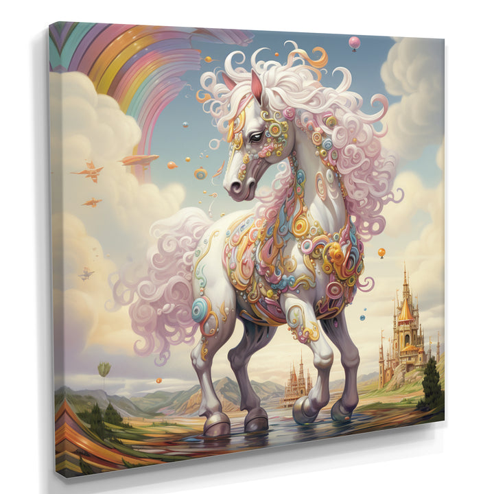 White Unicorn Horse Pink Manes Rainbow - Horse Framed Canvas Art