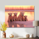 Four Adorable Polar Bears Pink Sunset - Bear Landscape Living Room Wall Art