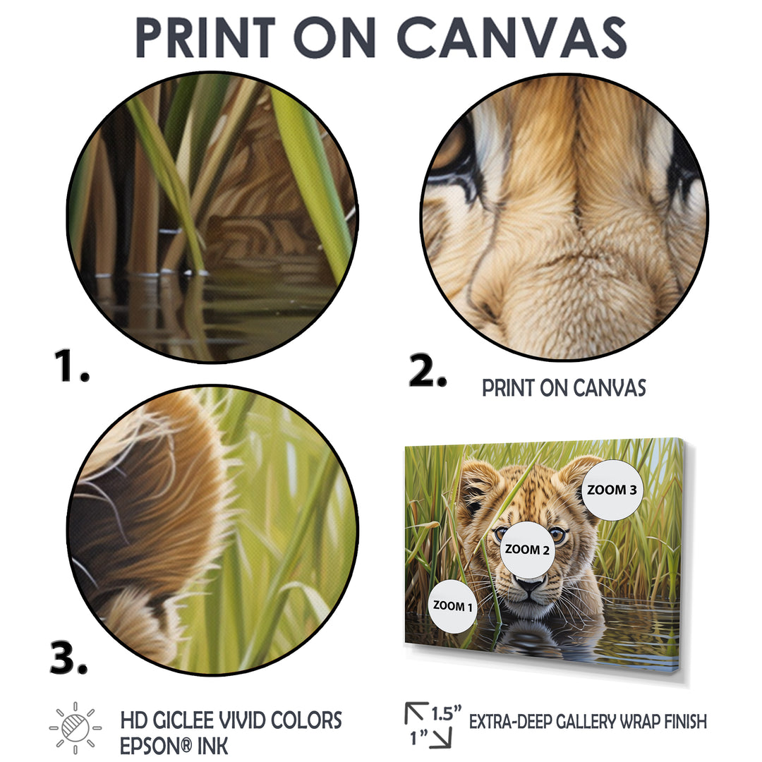 Endearing Lion Cub By The River - Lion Large Canvas Wall Art