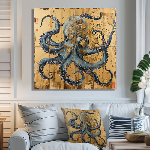 Blue Octopus Asian Vintage Gold - Octopus Large Canvas Wall Art