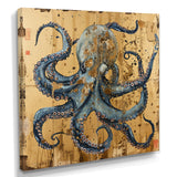 Blue Octopus Asian Vintage Gold - Octopus Large Canvas Wall Art