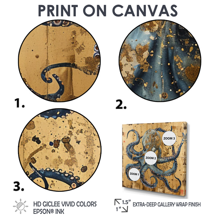 Blue Octopus Asian Vintage Gold - Octopus Large Canvas Wall Art