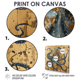 Blue Octopus Asian Vintage Gold - Octopus Large Canvas Wall Art