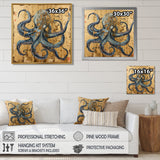 Blue Octopus Asian Vintage Gold - Octopus Large Canvas Wall Art