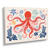 Deep Ocean Red Octopus Retro Illustration - Octopus Bedroom Wall Art