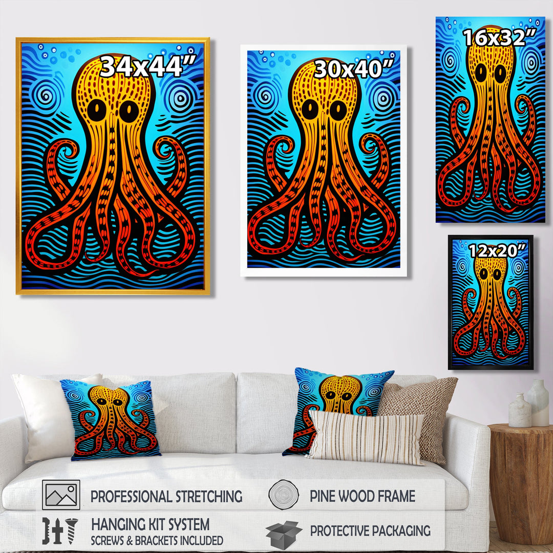 Orange Deep Sea Octopus Retro Abstract - Octopus Canvas Wall Art