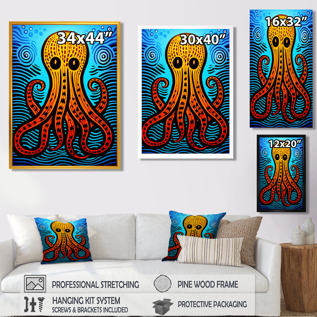 Orange Deep Sea Octopus Retro Abstract - Octopus Canvas Wall Art