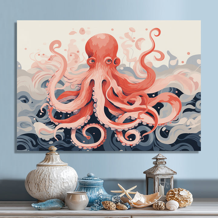 Octopus Queen On The Waves Retro Illustration - Octopus Wall Decor