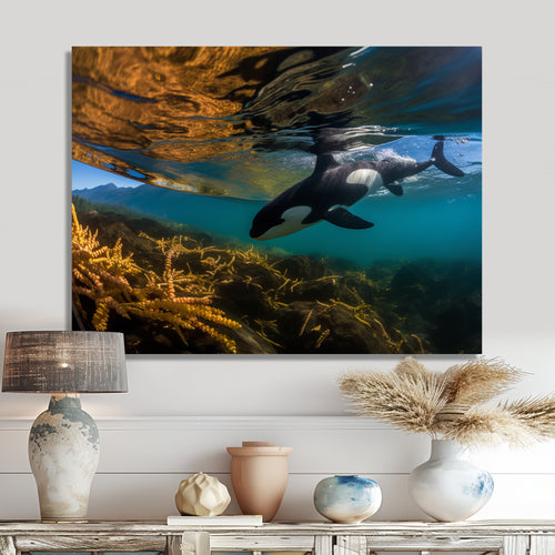 Orca Swimming In Blue Lagoon - Black Coastal Animal Wall Art