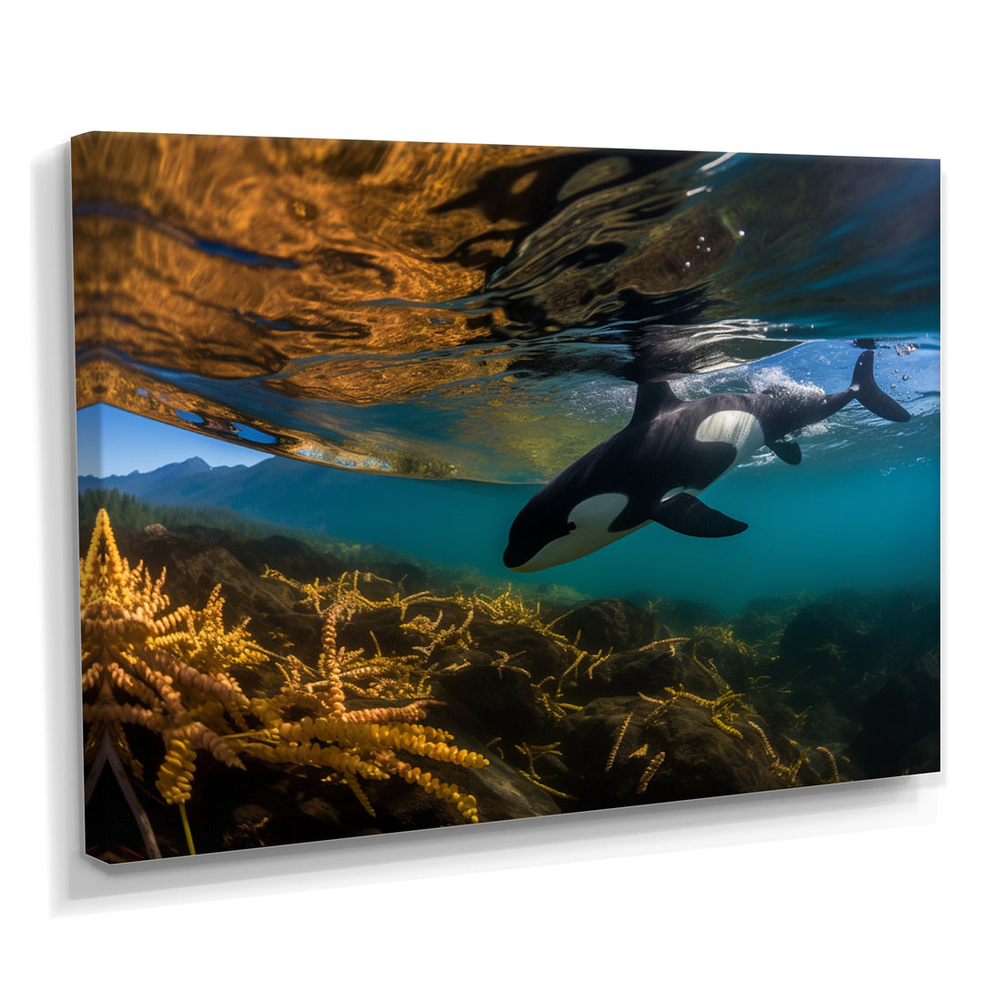 Orca Swimming In Blue Lagoon - Black Coastal Animal Wall Art