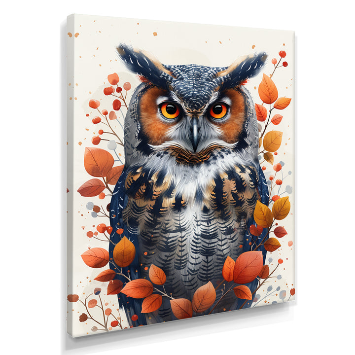 Nobel Owl Red Autumn Leaves - Owl Framed Canvas Art