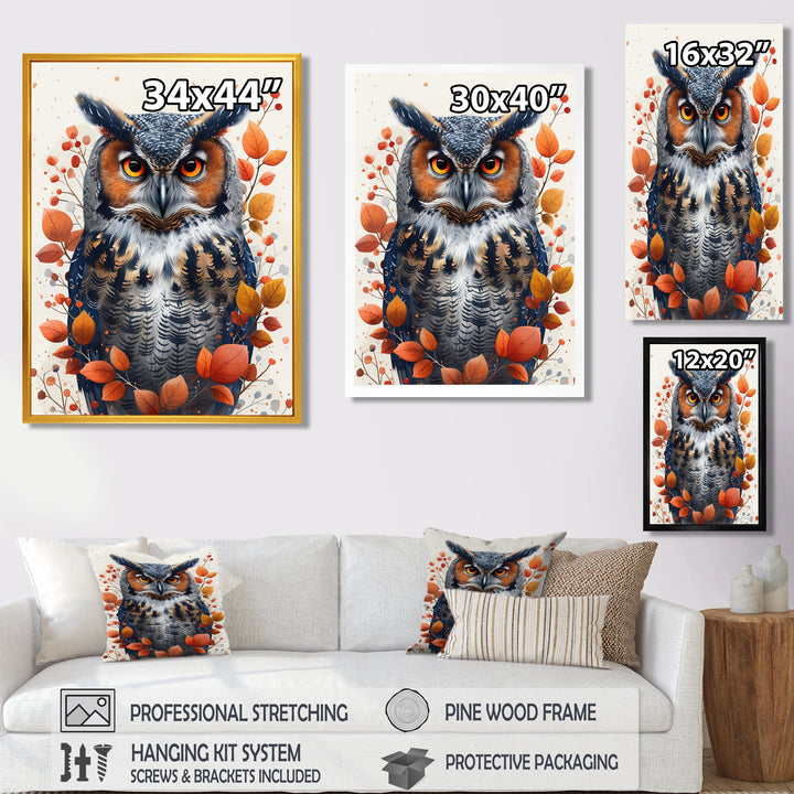 Nobel Owl Red Autumn Leaves - Owl Framed Canvas Art