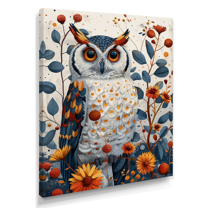 Nobel Owl Blooming Orange Flowers - Owl Large Canvas Wall Art