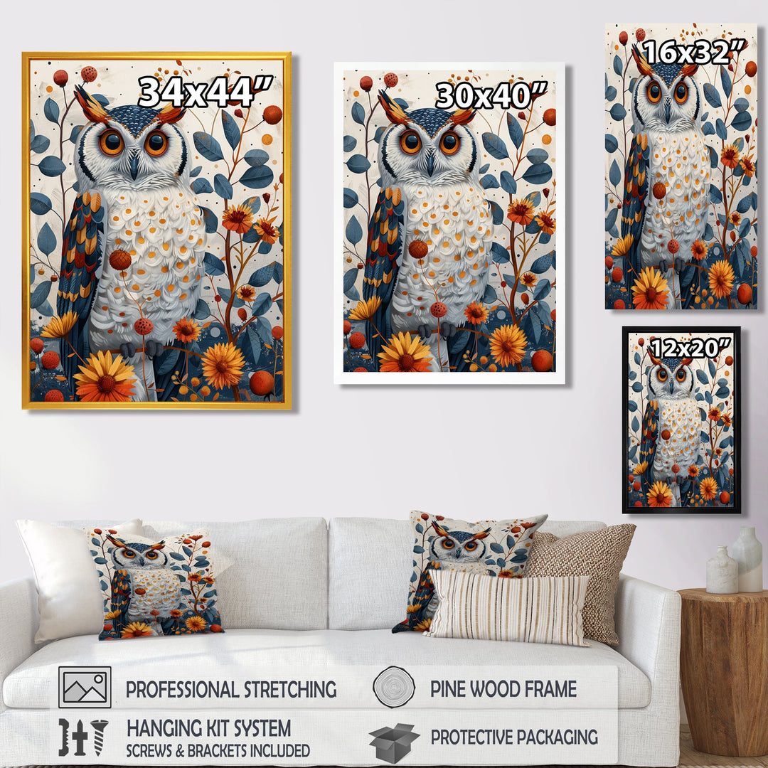 Nobel Owl Blooming Orange Flowers - Owl Large Canvas Wall Art