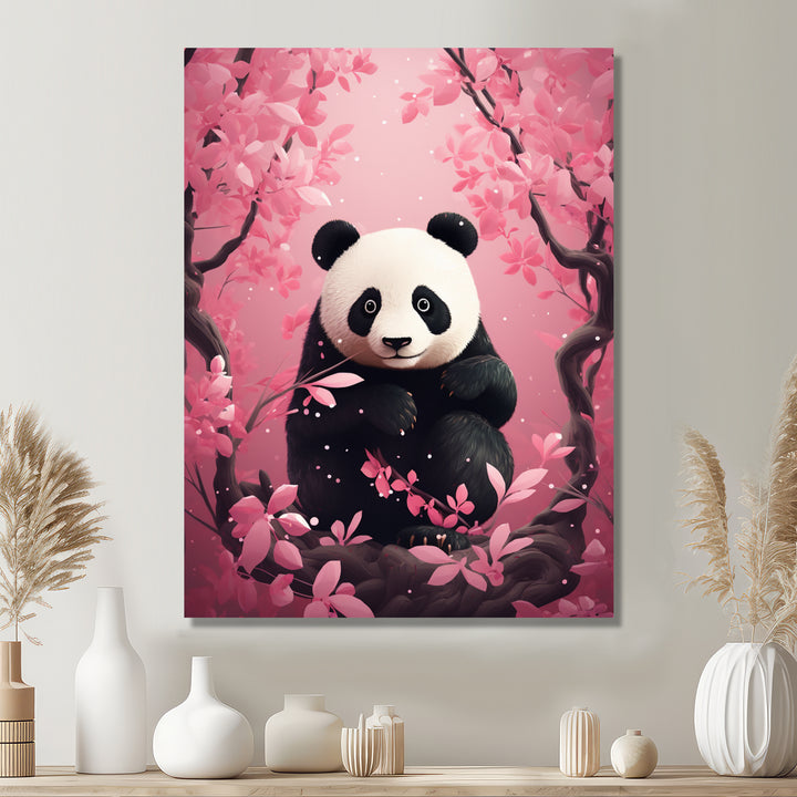 Panda In Pink Blossoming Tree - Panda Living Room Wall Art