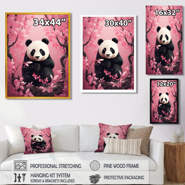 Panda In Pink Blossoming Tree - Panda Living Room Wall Art