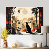 Urban Black Cat Watching The Full Moon Retro Illustration - Cat Canvas Wall Art