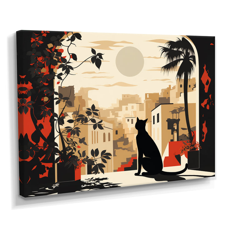 Urban Black Cat Watching The Full Moon Retro Illustration - Cat Canvas Wall Art