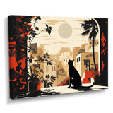 Urban Black Cat Watching The Full Moon Retro Illustration - Cat Canvas Wall Art