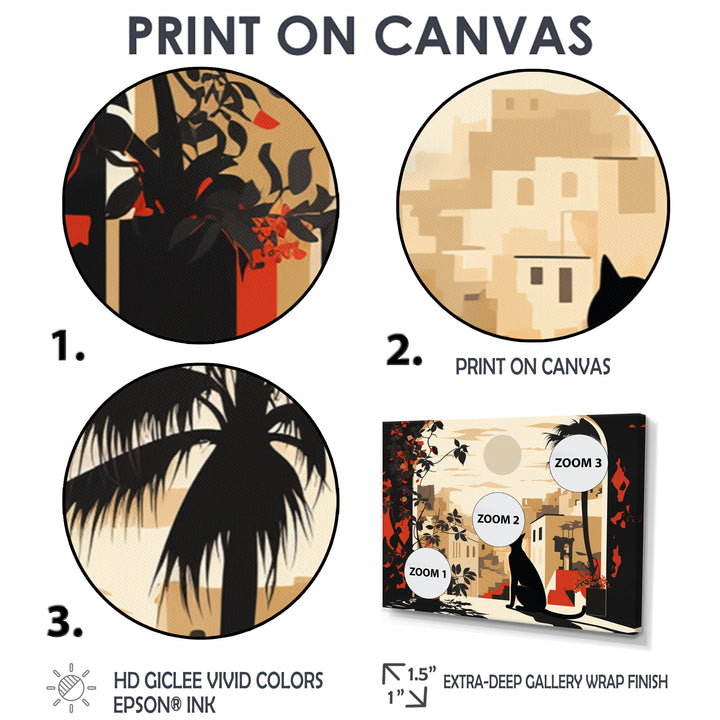 Urban Black Cat Watching The Full Moon Retro Illustration - Cat Canvas Wall Art