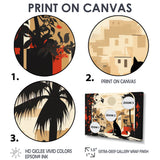 Urban Black Cat Watching The Full Moon Retro Illustration - Cat Canvas Wall Art