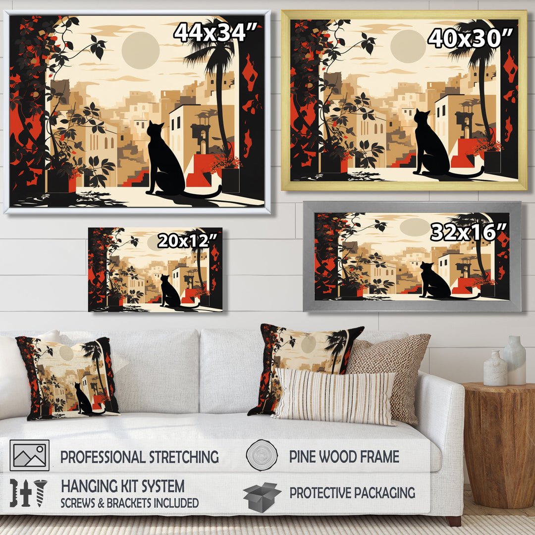 Urban Black Cat Watching The Full Moon Retro Illustration - Cat Canvas Wall Art