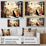Urban Black Cat Watching The Full Moon Retro Illustration - Cat Canvas Wall Art