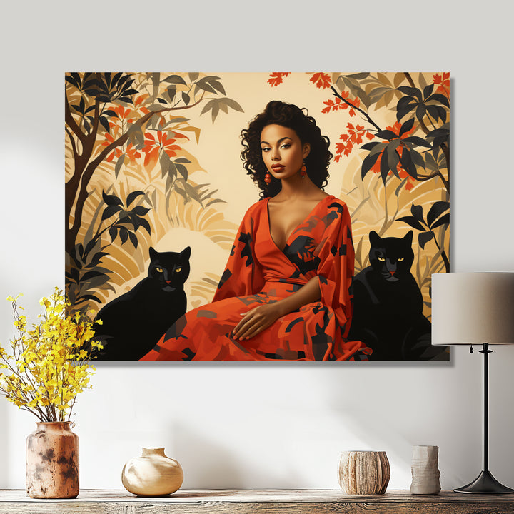 Two Black Panthers Woman In Red Dress - Panther Wall Art Prints