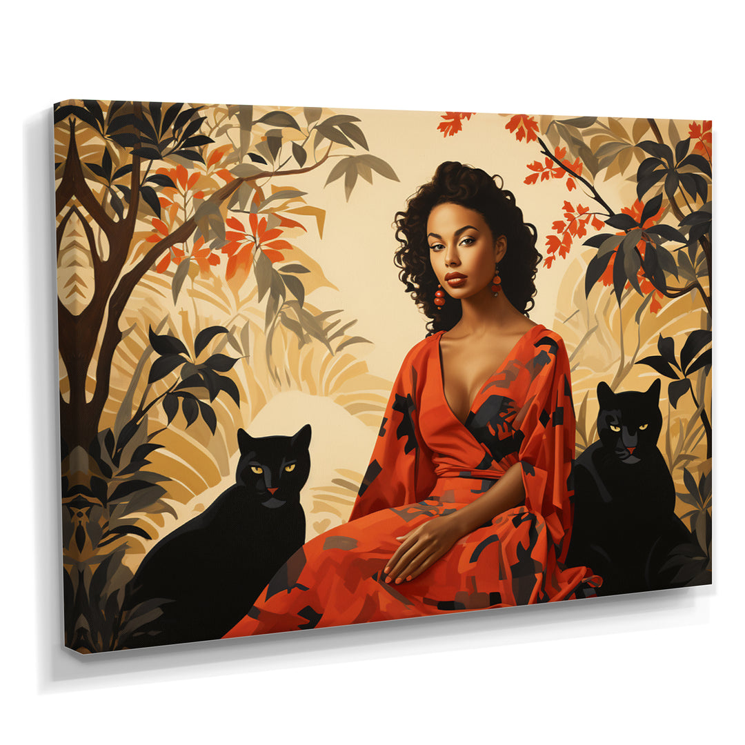 Two Black Panthers Woman In Red Dress - Panther Wall Art Prints