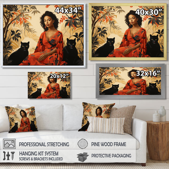 Two Black Panthers Woman In Red Dress - Panther Wall Art Prints