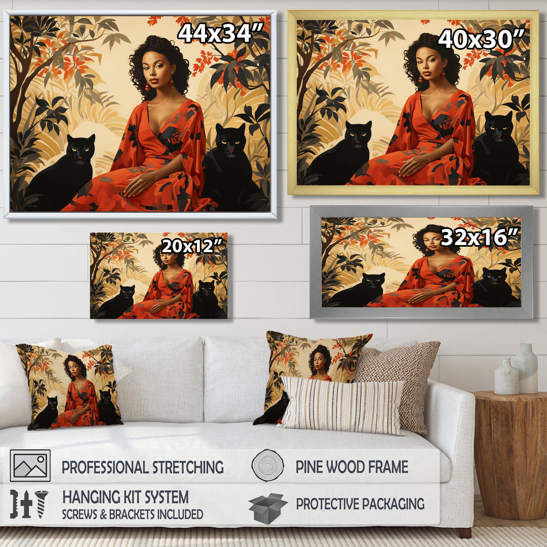 Two Black Panthers Woman In Red Dress - Panther Wall Art Prints